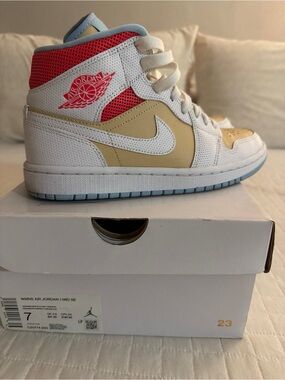 Jordan Women’s High-Top Sneakers in White, Tan & Red